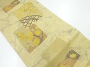 手織り紬流水に重ね色紙・花模様織出し袋帯